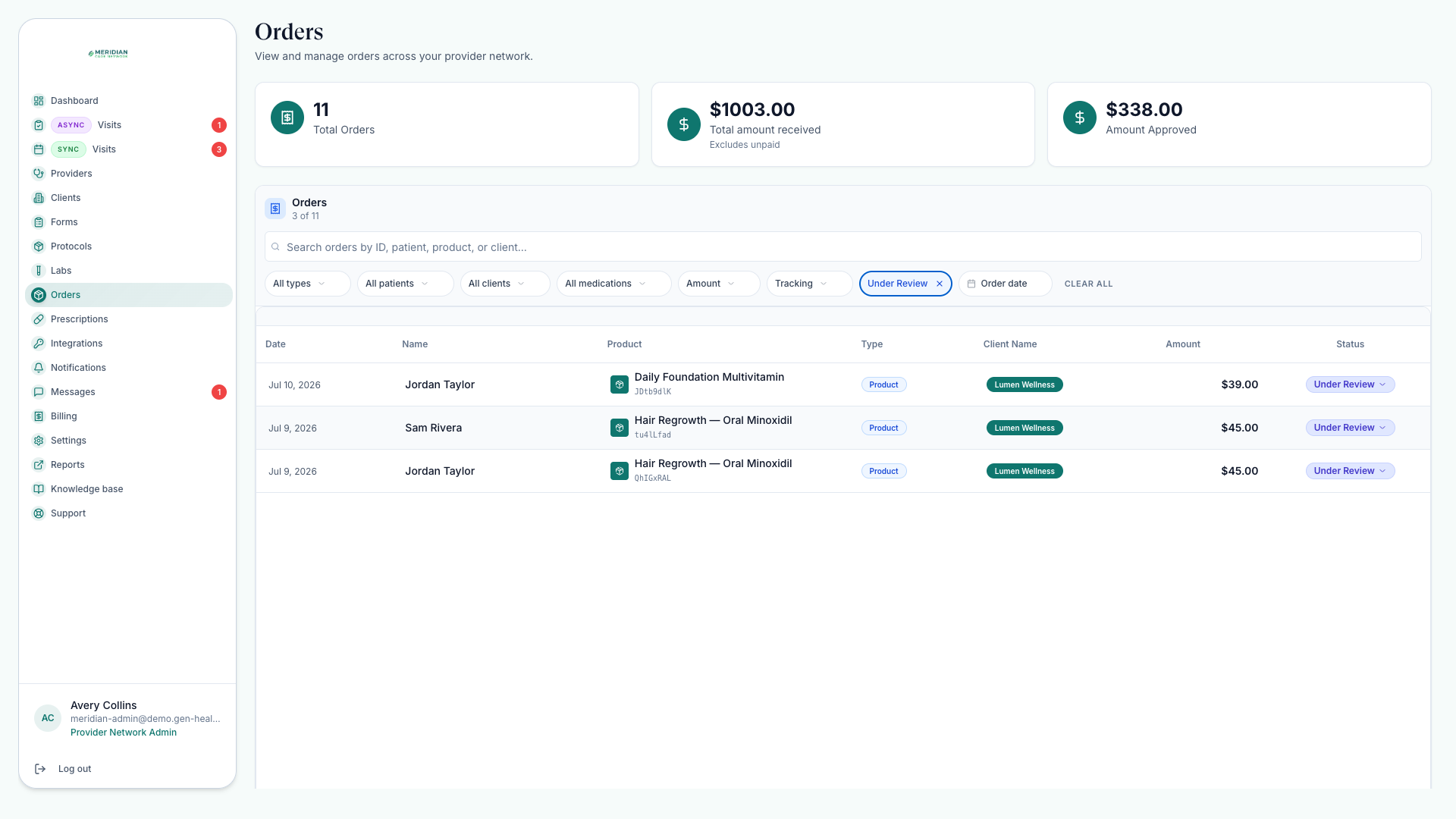 Orders page filtered to Under Review orders that need attention