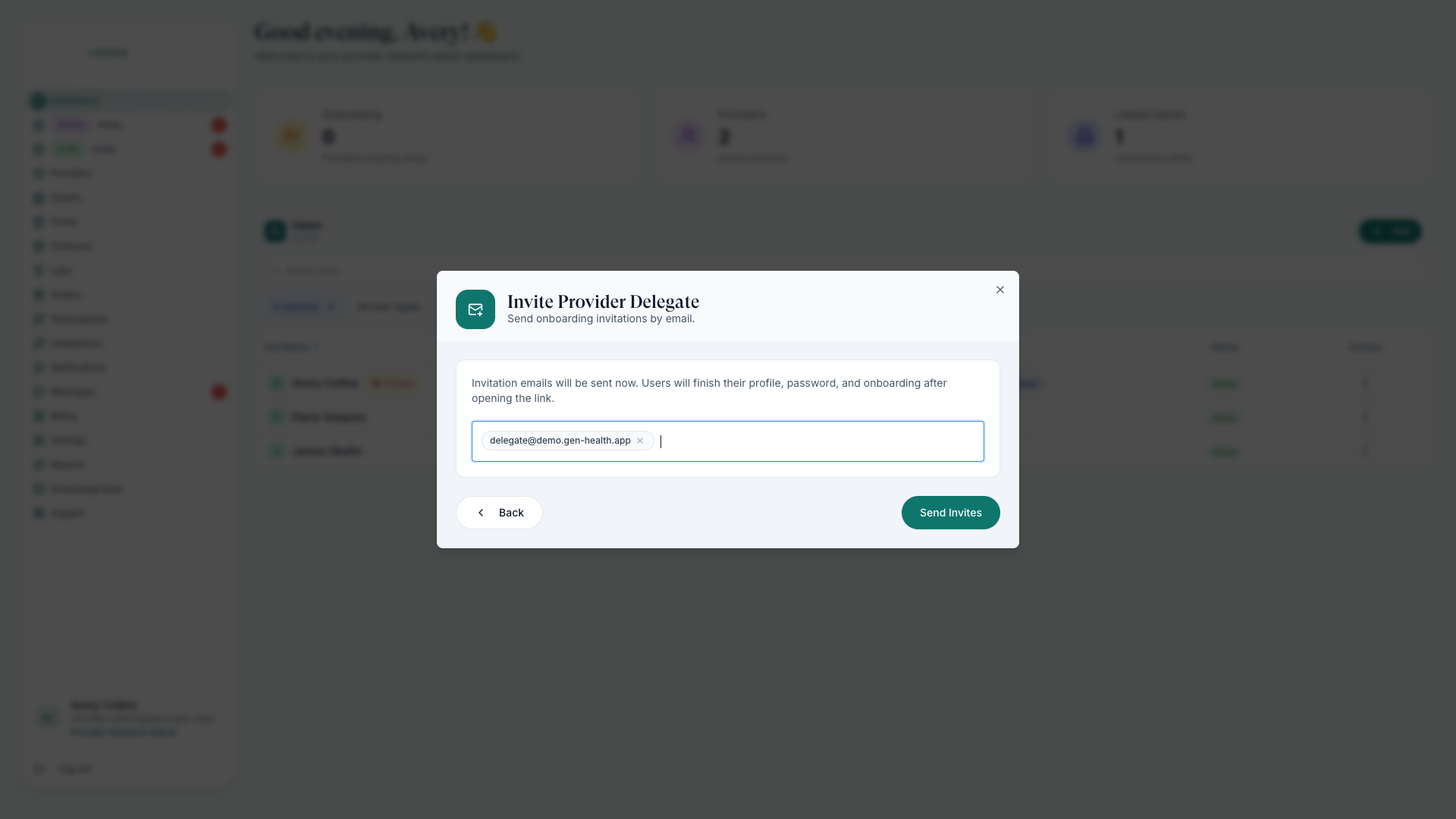 Invite Provider Delegate dialog with a demo email, reached by selecting the Provider Delegate role