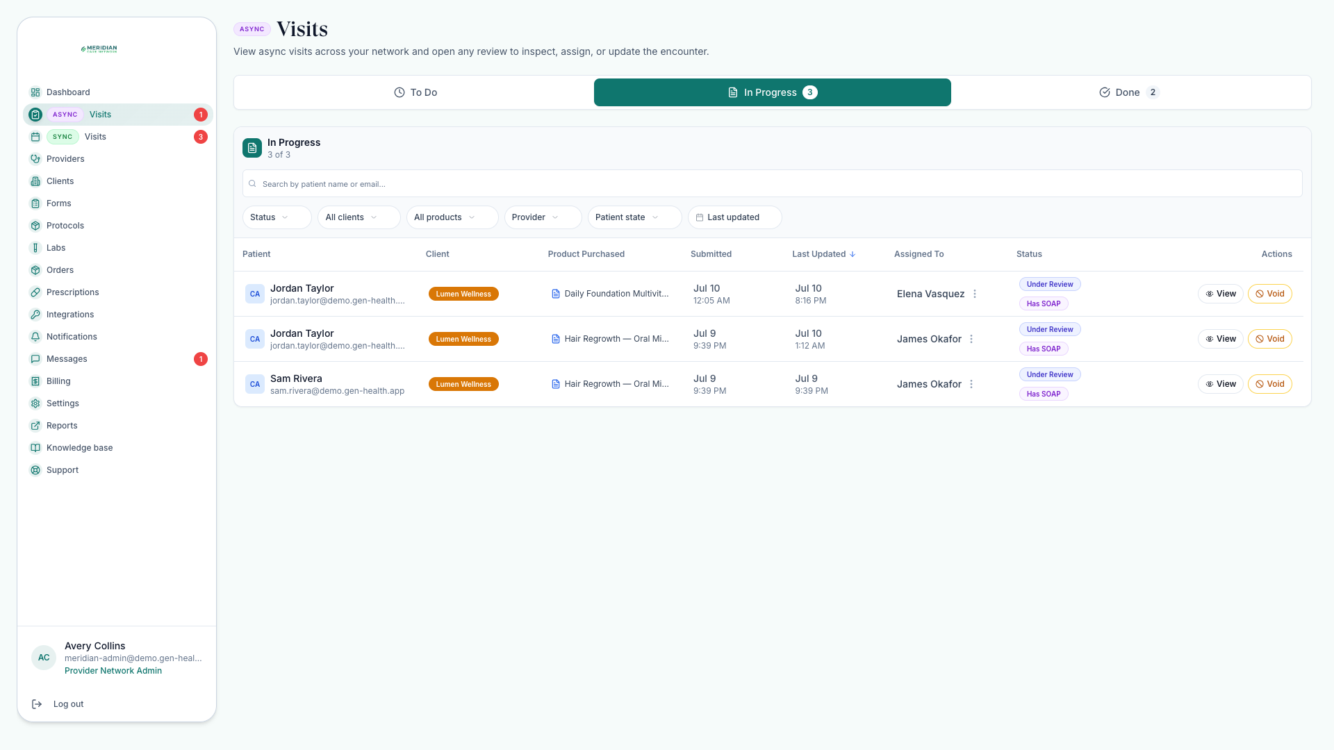 Async review queue with Assigned To reassignment controls and per-review View and Void actions