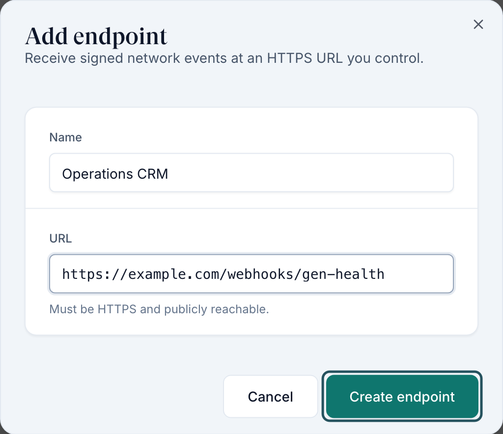 Add endpoint dialog with Name and URL filled in and Create endpoint highlighted