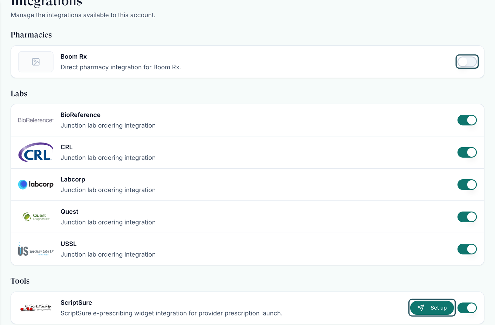Integrations page with the Pharmacies, Labs and Tools sections, a pharmacy switch, lab switches and the ScriptSure Set up button