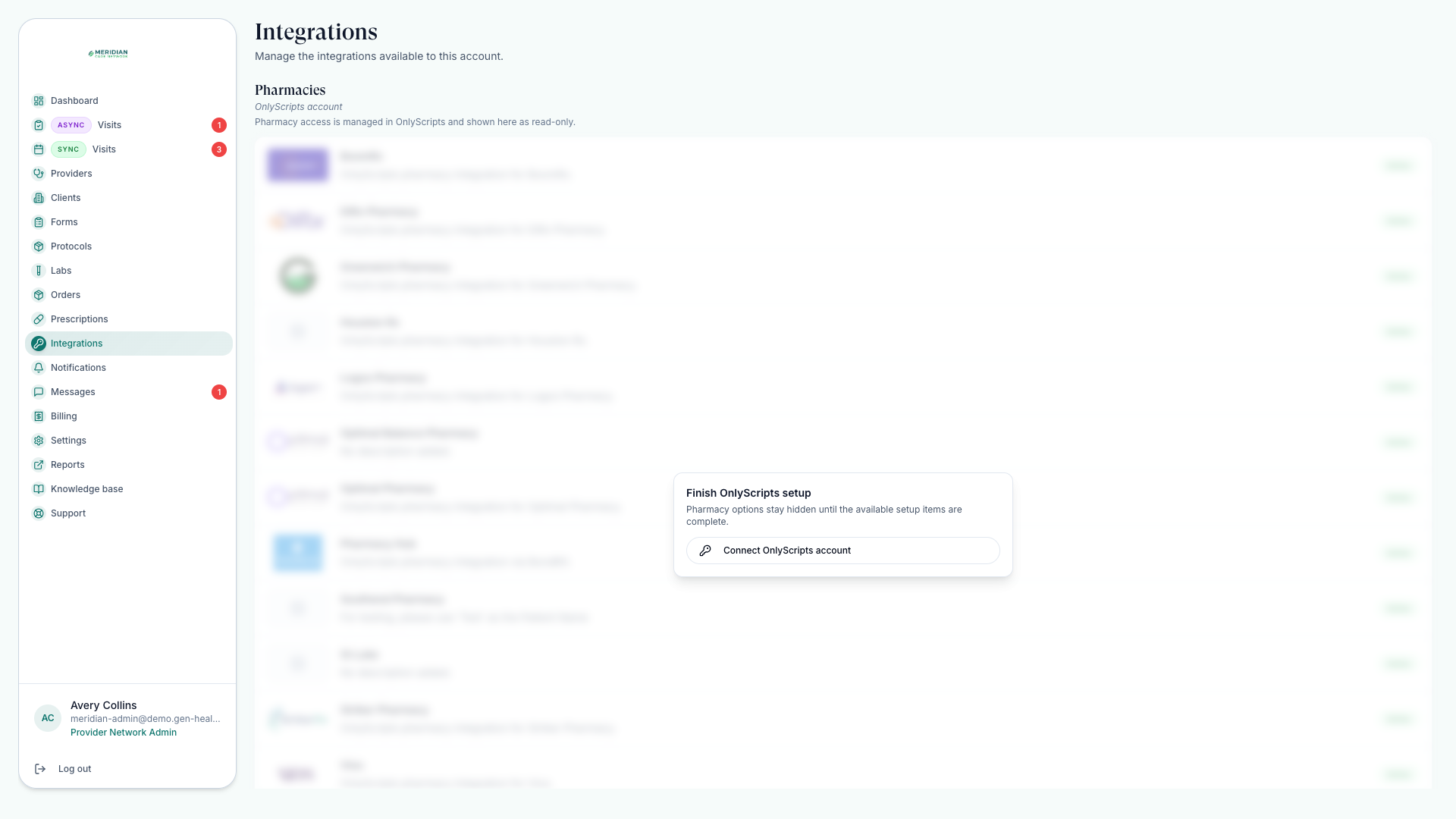 Integrations page listing pharmacy services with the Connect OnlyScripts account prompt