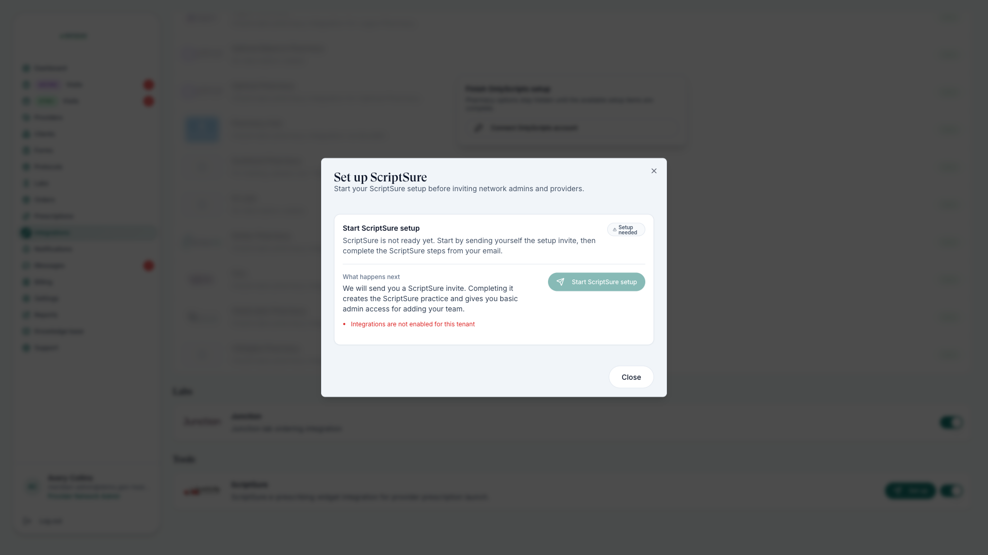 ScriptSure prescribing setup dialog showing the not-ready state and how providers become able to e-prescribe