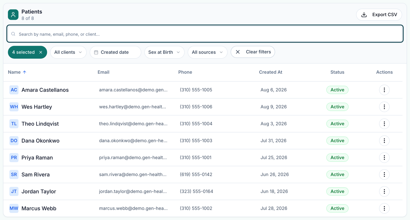 Patients table for a Provider Network Admin with the search box highlighted and the status, client, date, sex and source filters