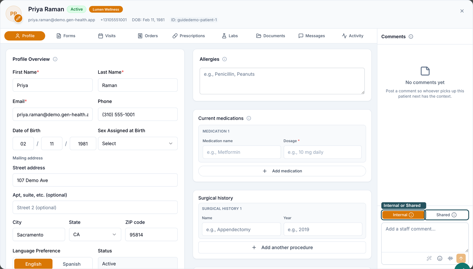 Patient record on the Profile tab with the Comments panel on the right and the Internal and Shared choice highlighted
