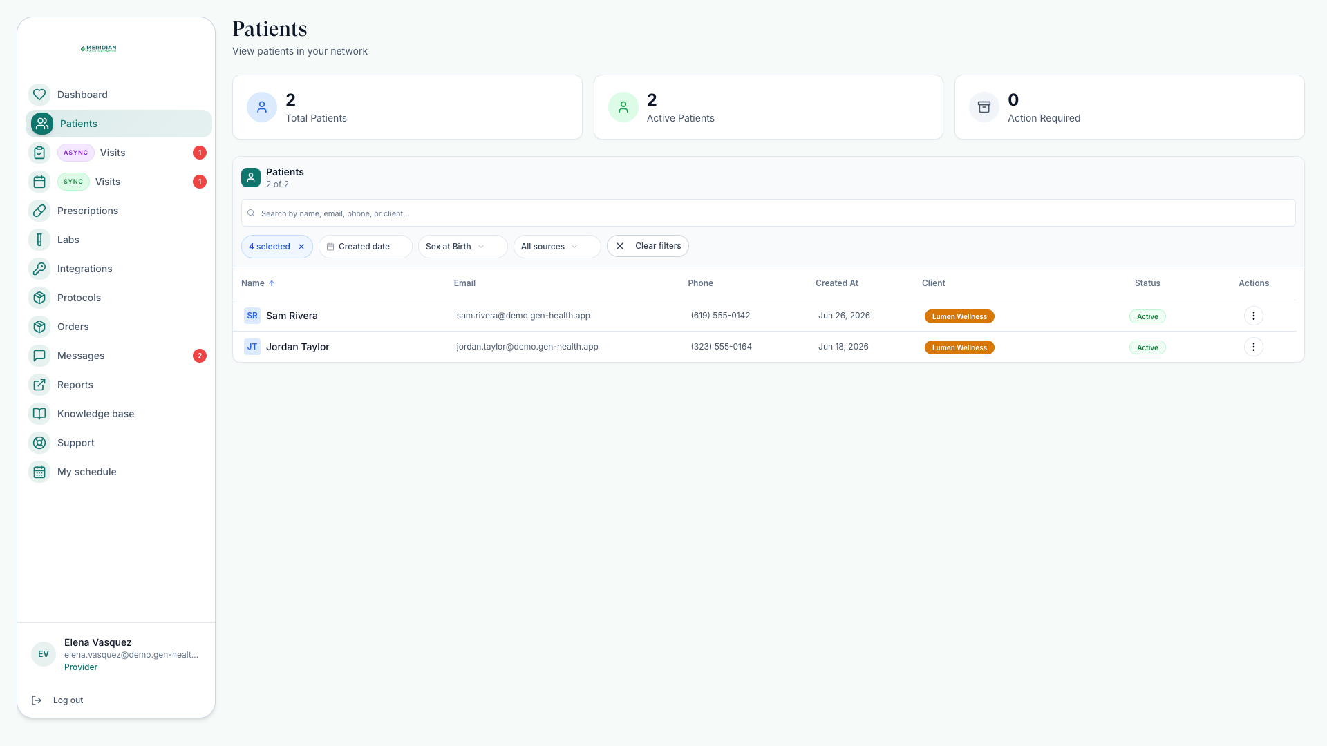 Patients page with search and status, date, and source filters listing connected patients