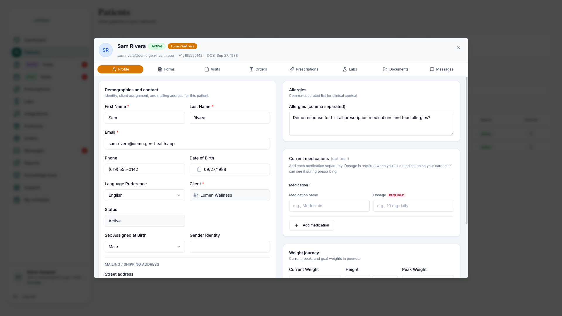 Patient profile with Profile, Forms, Visits, Orders, Prescriptions, Labs, Documents, and Messages tabs