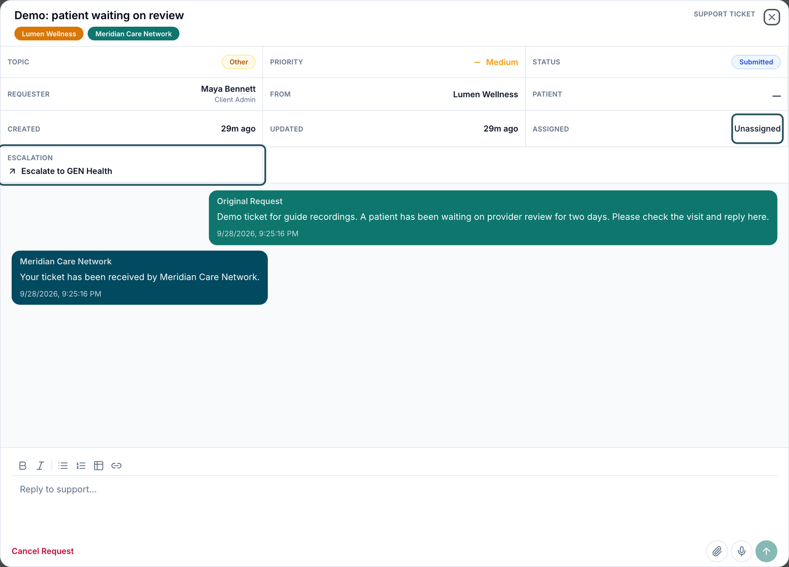 Support Ticket window for a client request with the Priority, Status and Assigned controls and Escalate to GEN Health