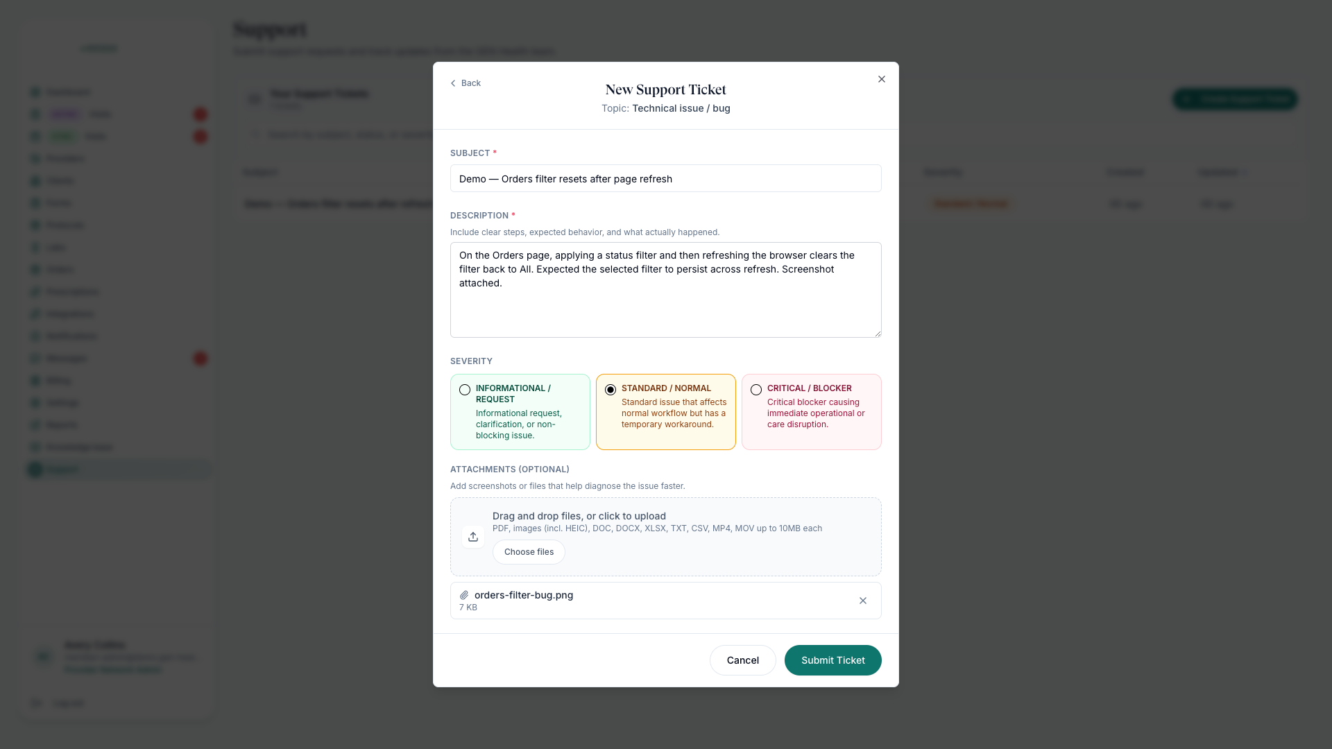 New support ticket form with severity options and a file attachment added