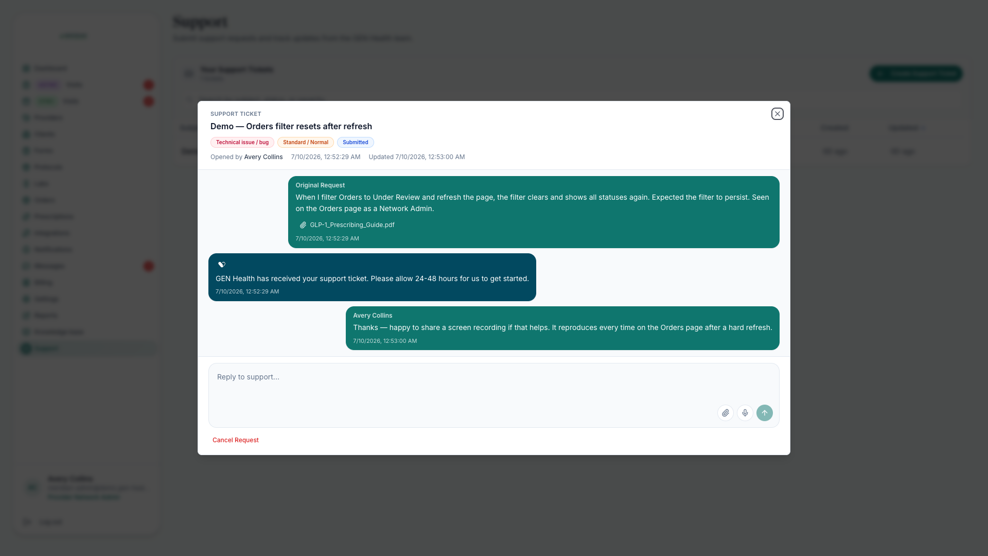 Support ticket conversation thread with the original request and a reply