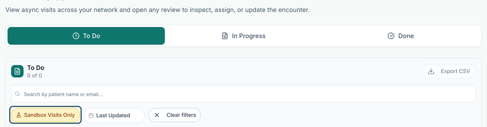Visits ASYNC To Do list with the visit filter switched to Sandbox Visits Only
