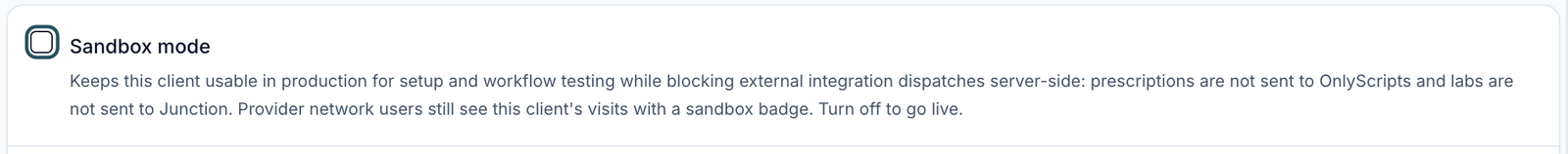 Client profile Configuration card with the Sandbox mode checkbox and its description