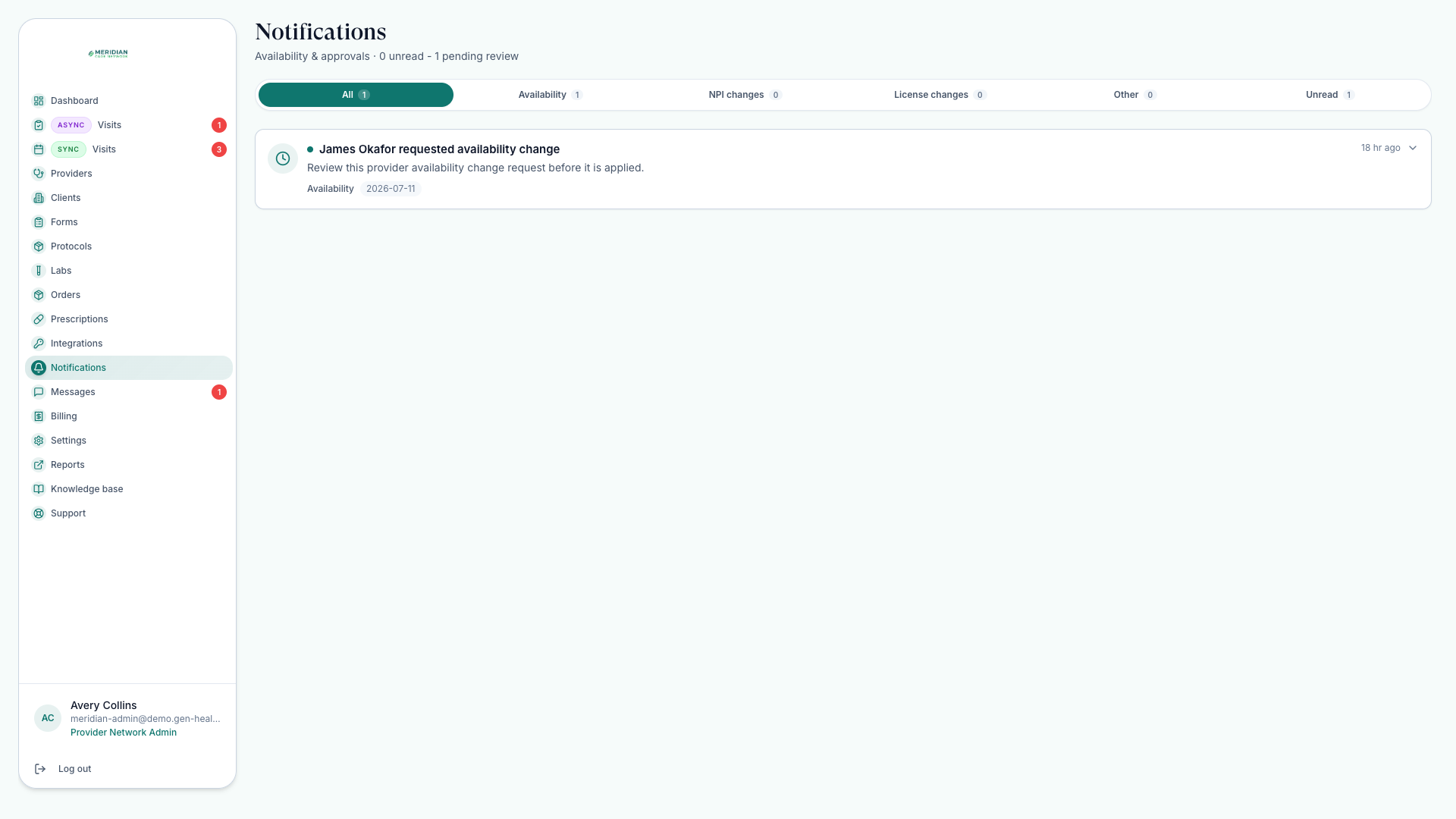 Notifications page with tabs by request type and a pending availability change request