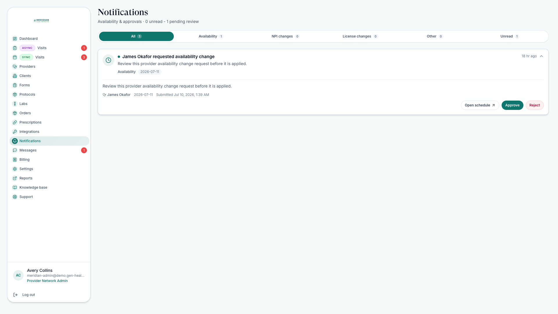 An availability change request opened for action with Open schedule, Approve, and Reject controls