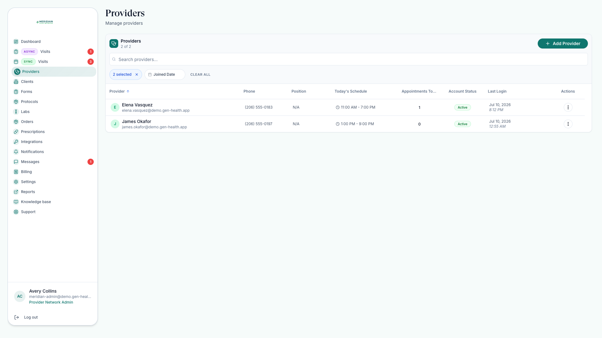 Provider network admin left navigation: Dashboard, Async and Sync Visits, Providers, Clients, Protocols, Orders, Reports, and more