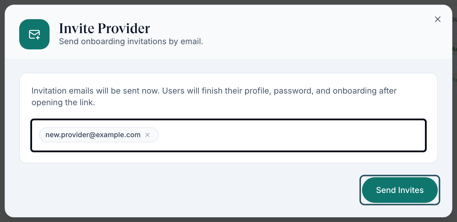 Invite Provider dialog with one email chip added and Send Invites highlighted
