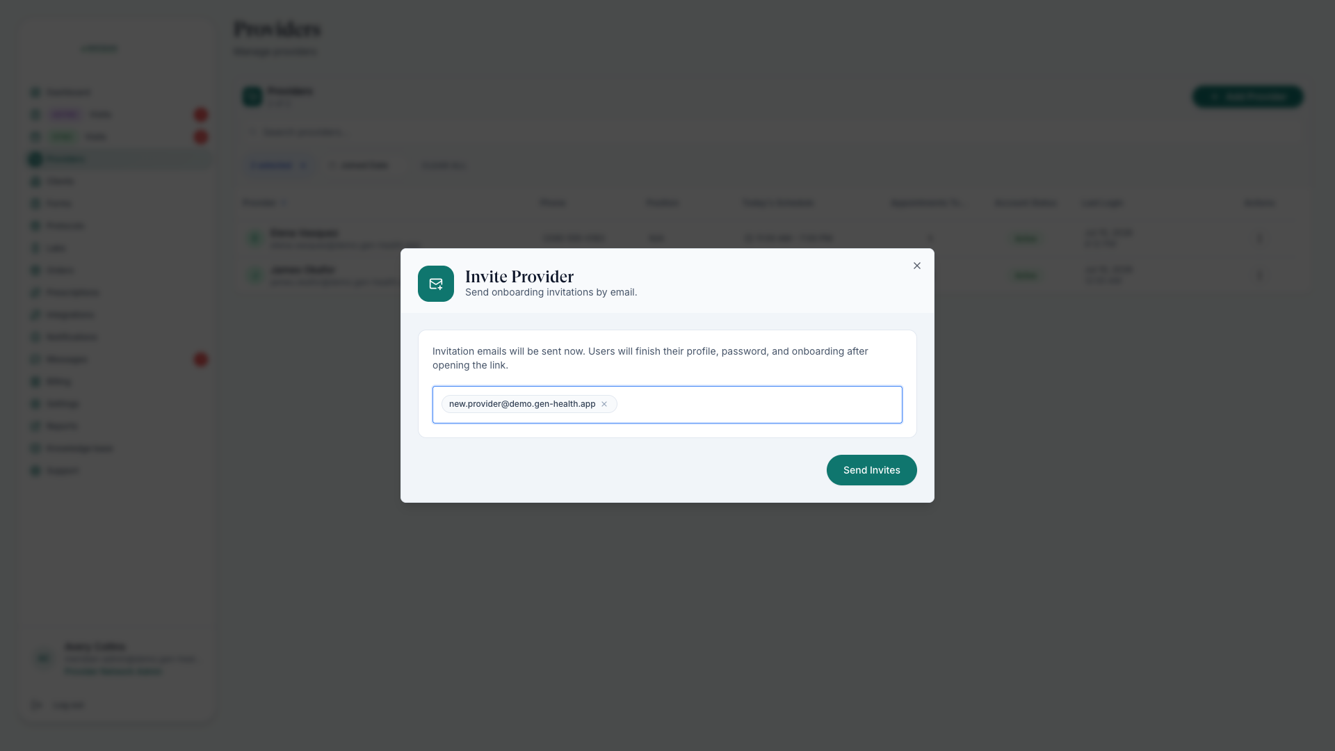 Invite Provider dialog with a demo email entered as a chip, ready to send an onboarding link