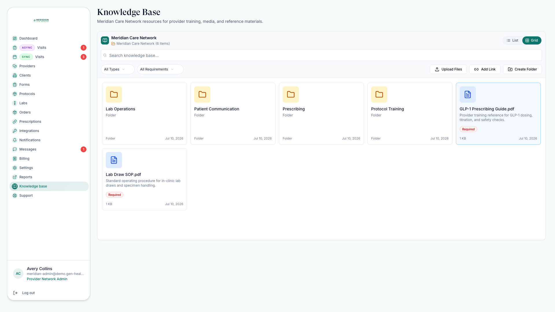 Knowledge Base folders organized by workflow: Protocol Training, Prescribing, Lab Operations, and Patient Communication