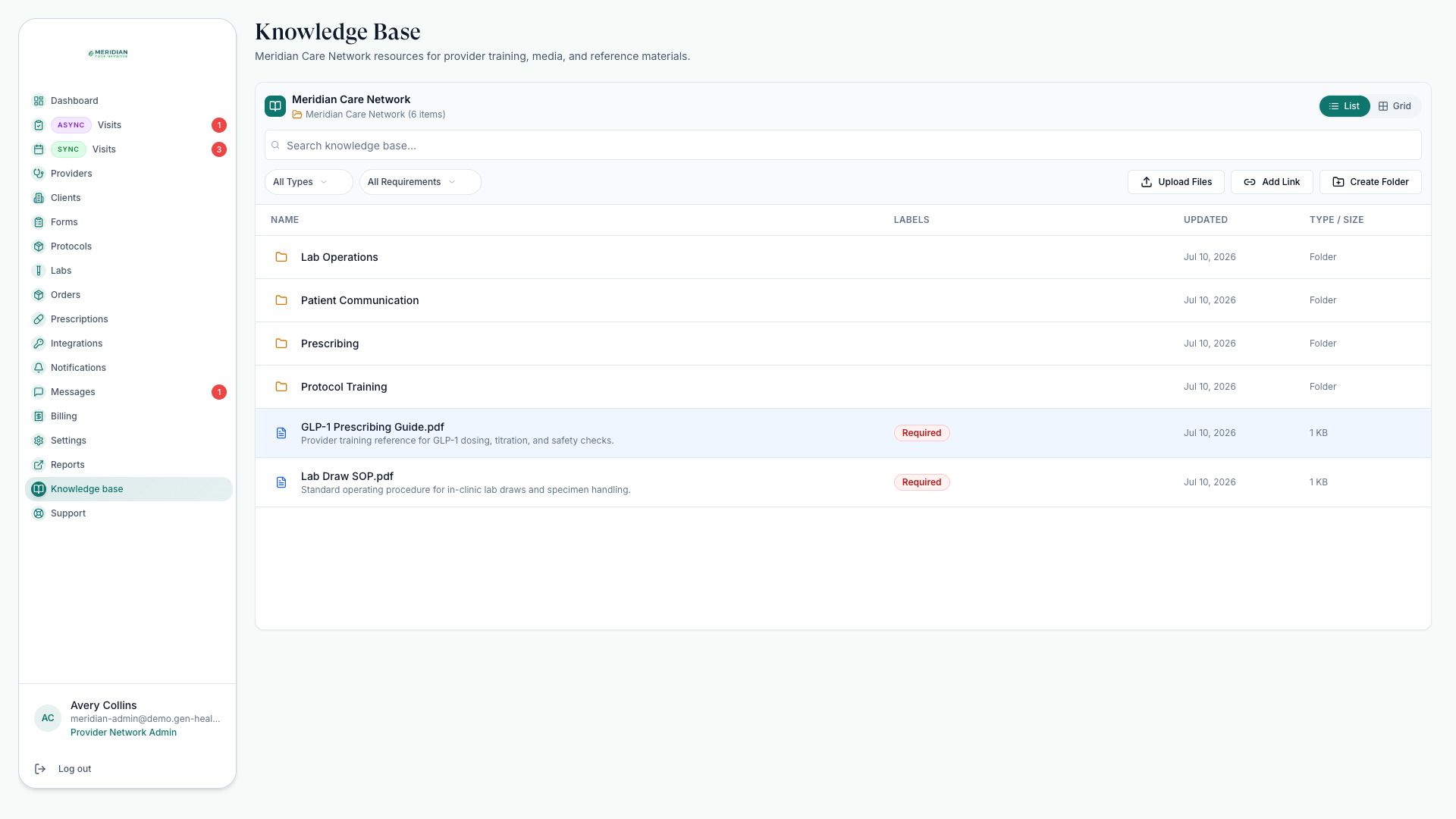 Uploaded knowledge base entries showing names, descriptions, and required flags
