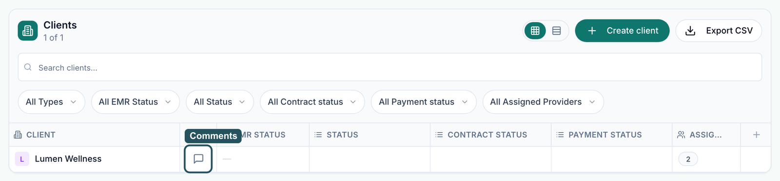 Clients list in sheet view with Create client, Export CSV, the column filters, the comments icon beside Lumen Wellness and Add column