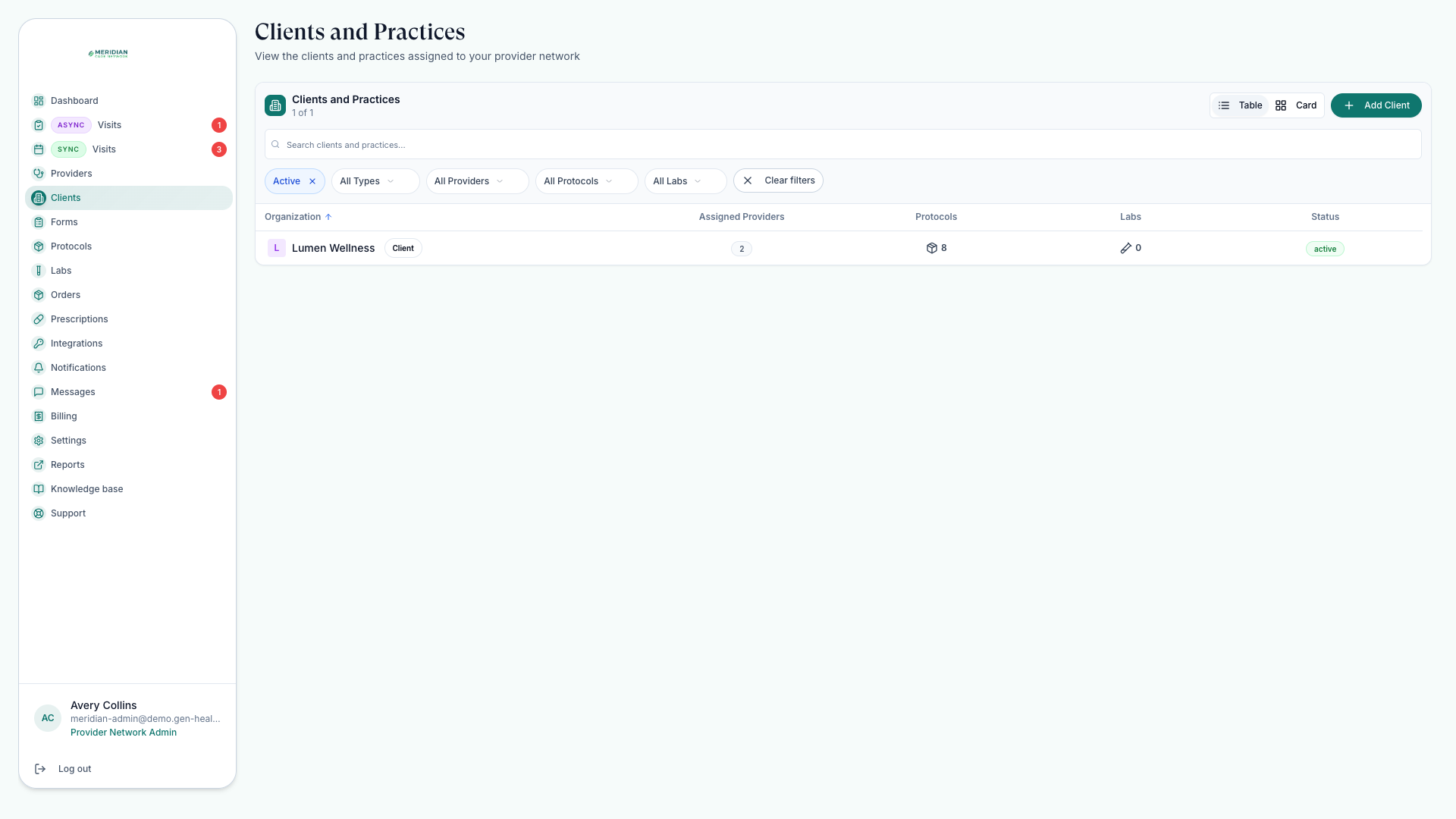 Clients and Practices page listing Lumen Wellness with its assigned providers, protocols, labs, and status
