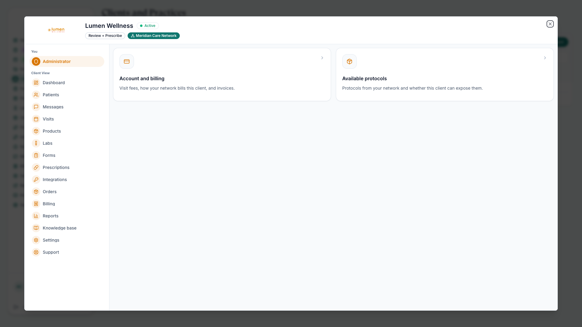 Client profile administrator view with Account and billing and Available protocols controls plus the client-view preview