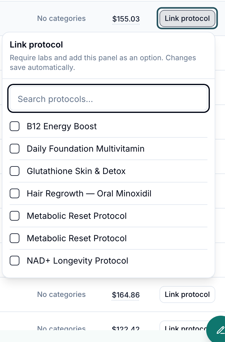 Link protocol popover on a lab row: Require labs and add this panel as an option. Changes save automatically, with a checklist of protocols