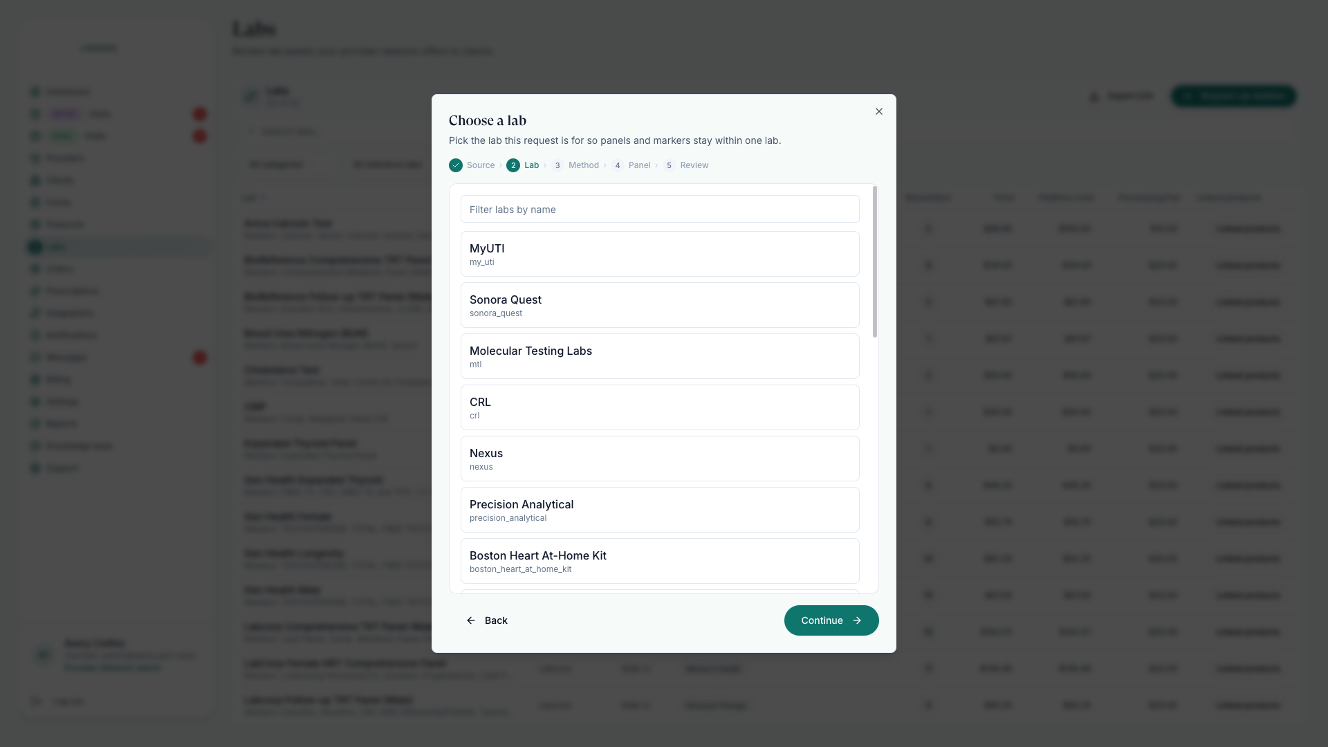 Lab addition request wizard on the Choose a lab step with the reference-lab picker