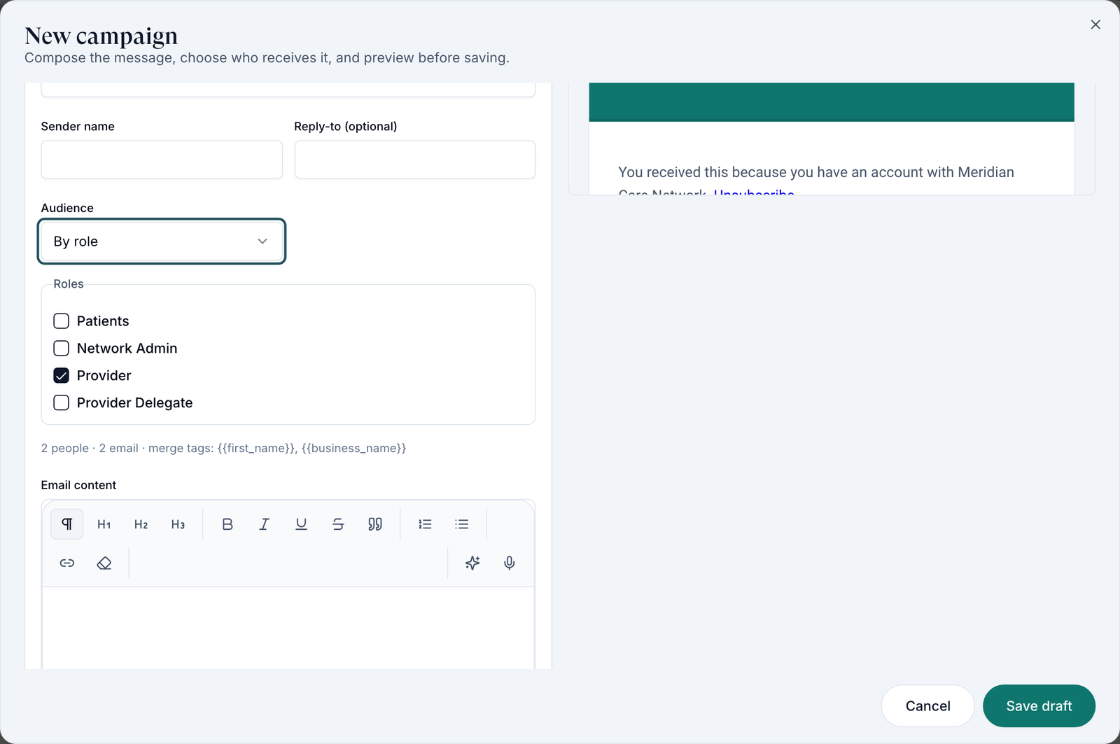 New campaign dialog with Audience set to By role, Provider ticked, and the audience count of people and emails
