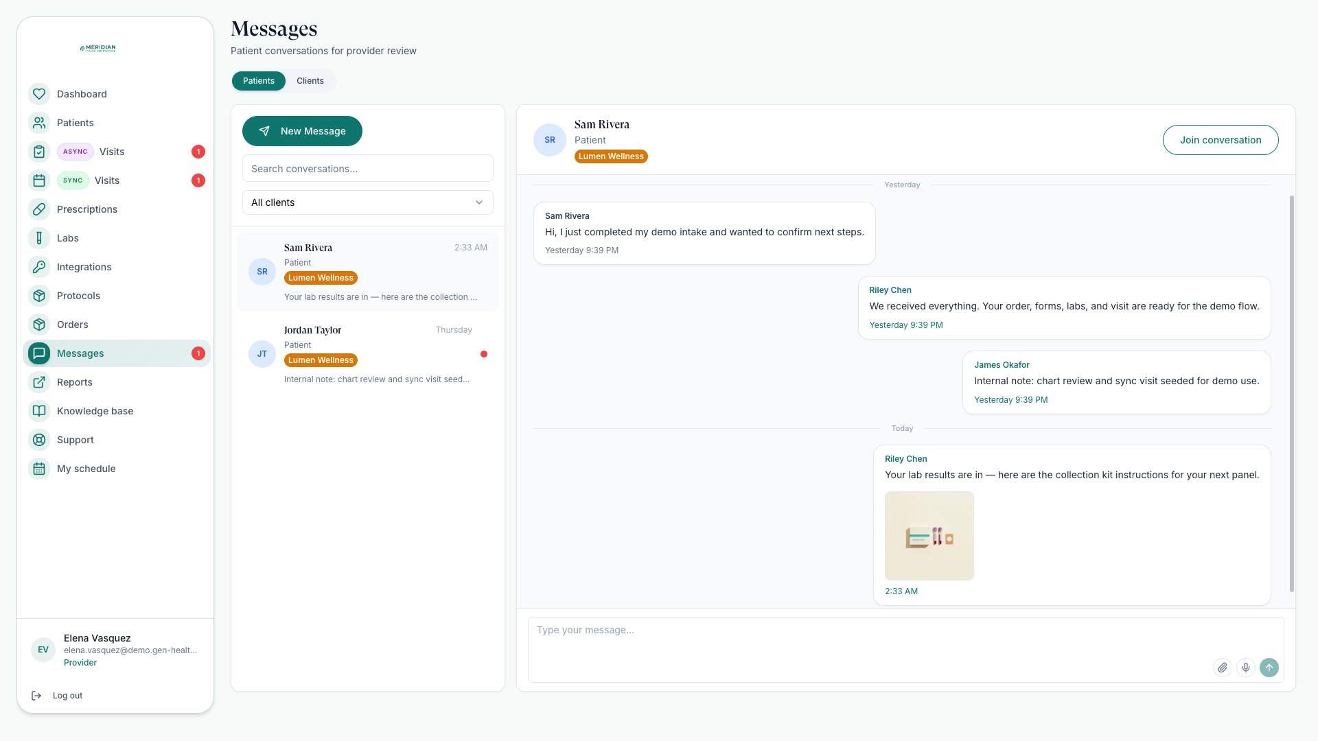 Messages inbox with the Patients and Clients tabs and an open patient conversation