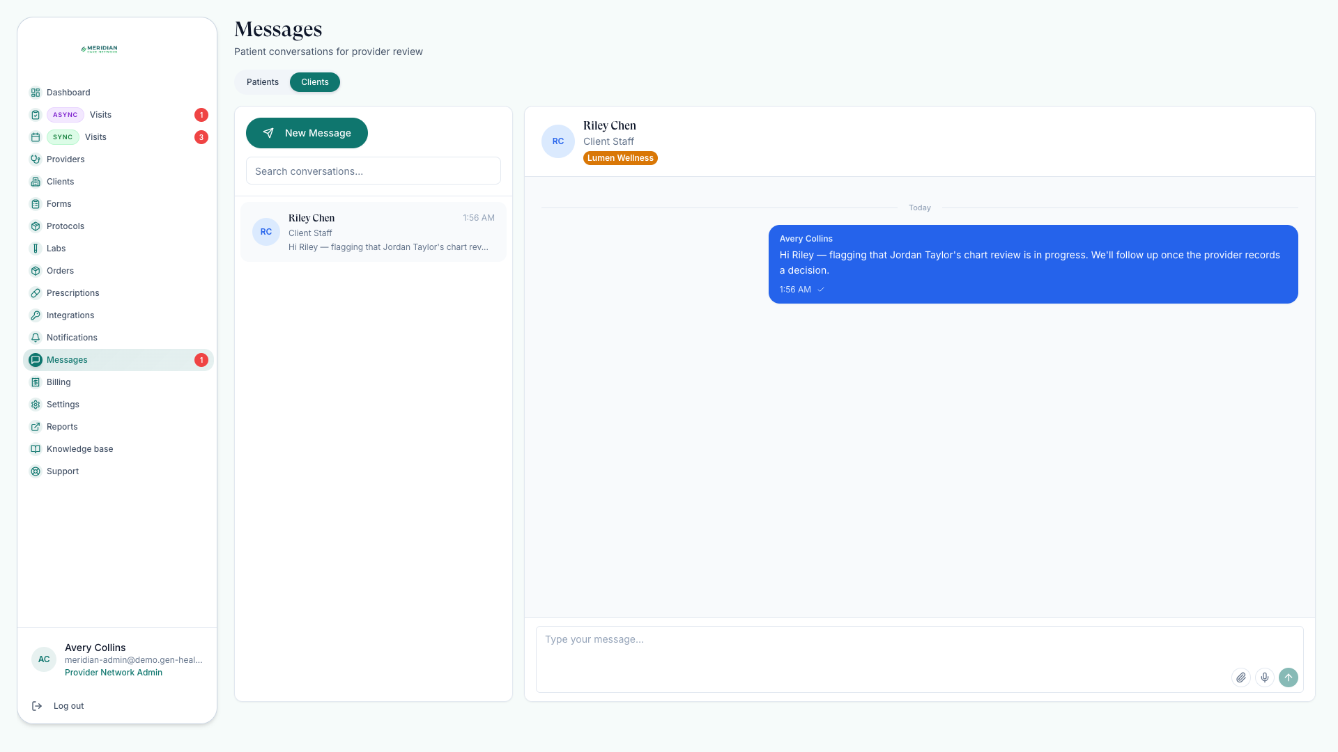 Internal Clients-tab thread with linked client staff, never visible to patients