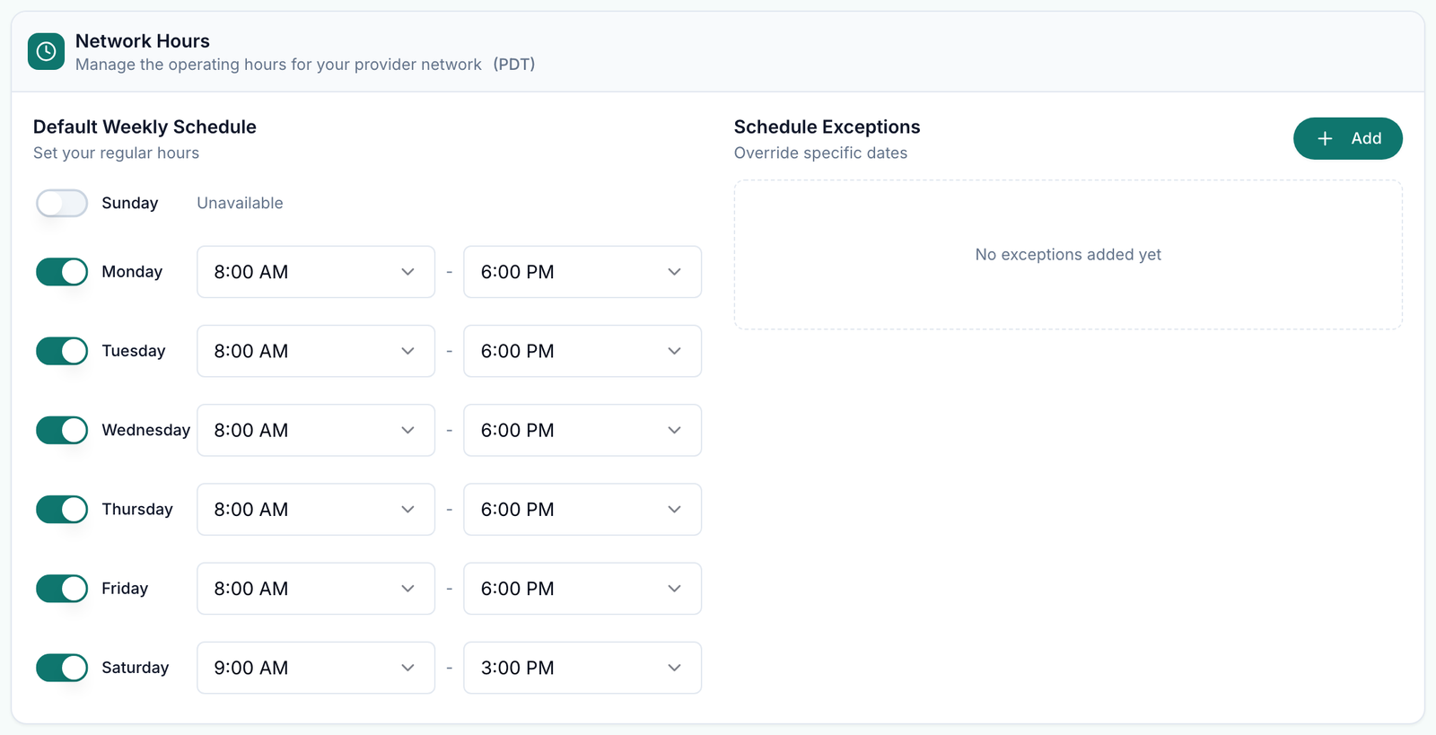 Network Hours card with the Default Weekly Schedule, Sunday Unavailable, weekday start and end times, and Schedule Exceptions with an Add button