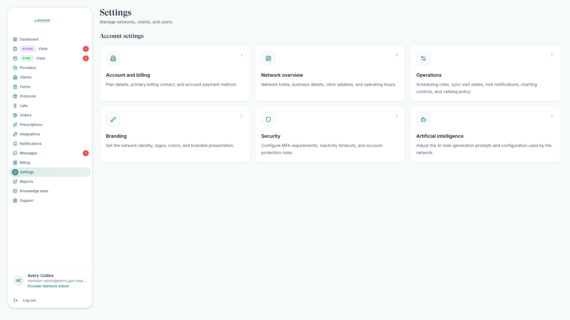 Provider Network Settings page showing account settings cards for billing, overview, operations, branding, security, and AI.