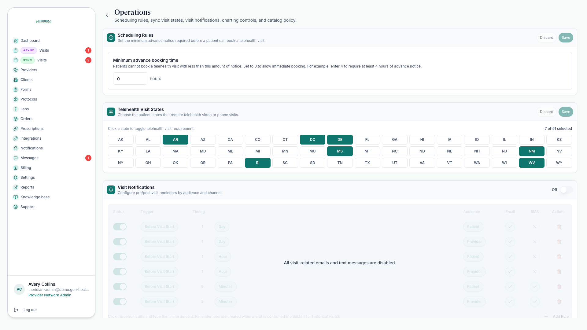 Operations settings with scheduling rules, telehealth visit states, and visit notifications