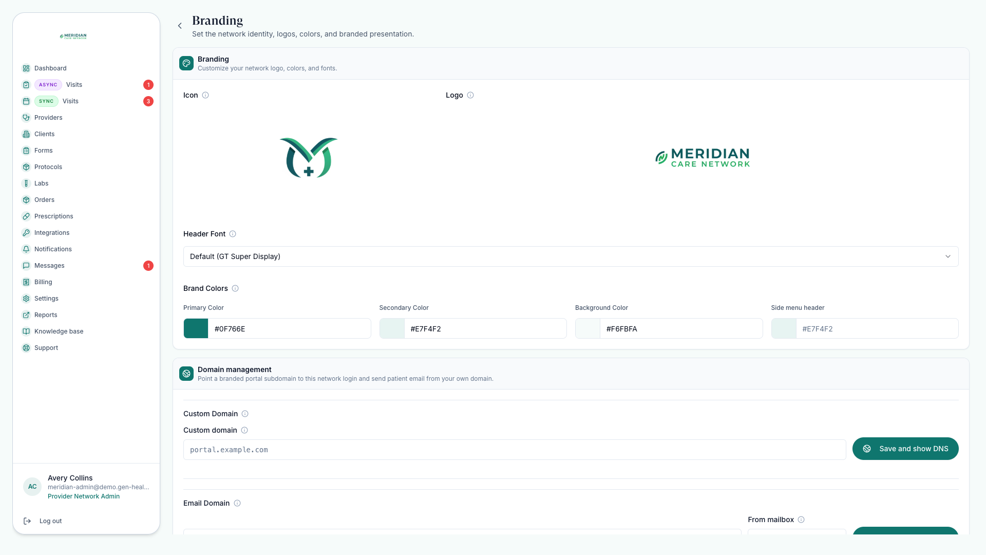Branding settings with logo and icon upload, header font, and brand color fields