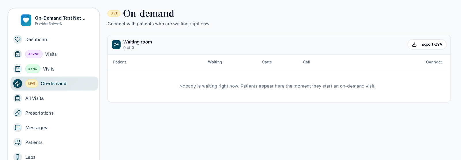 On-demand page with the LIVE On-demand menu item and an empty Waiting room with Patient, Waiting, State, Call and Connect columns