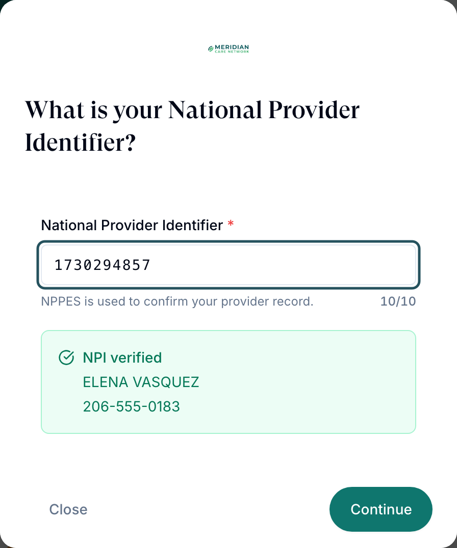 Setup question What is your National Provider Identifier? with a 10-digit NPI entered and NPI verified showing the provider's name
