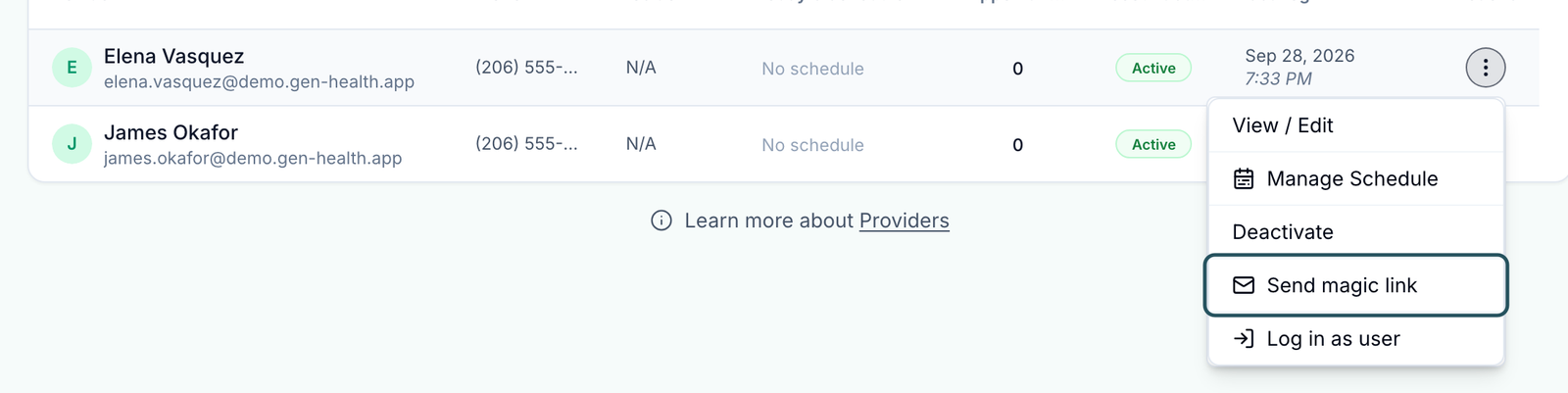 Providers row menu open with View / Edit, Manage Schedule, Deactivate, Send magic link highlighted, and Log in as user