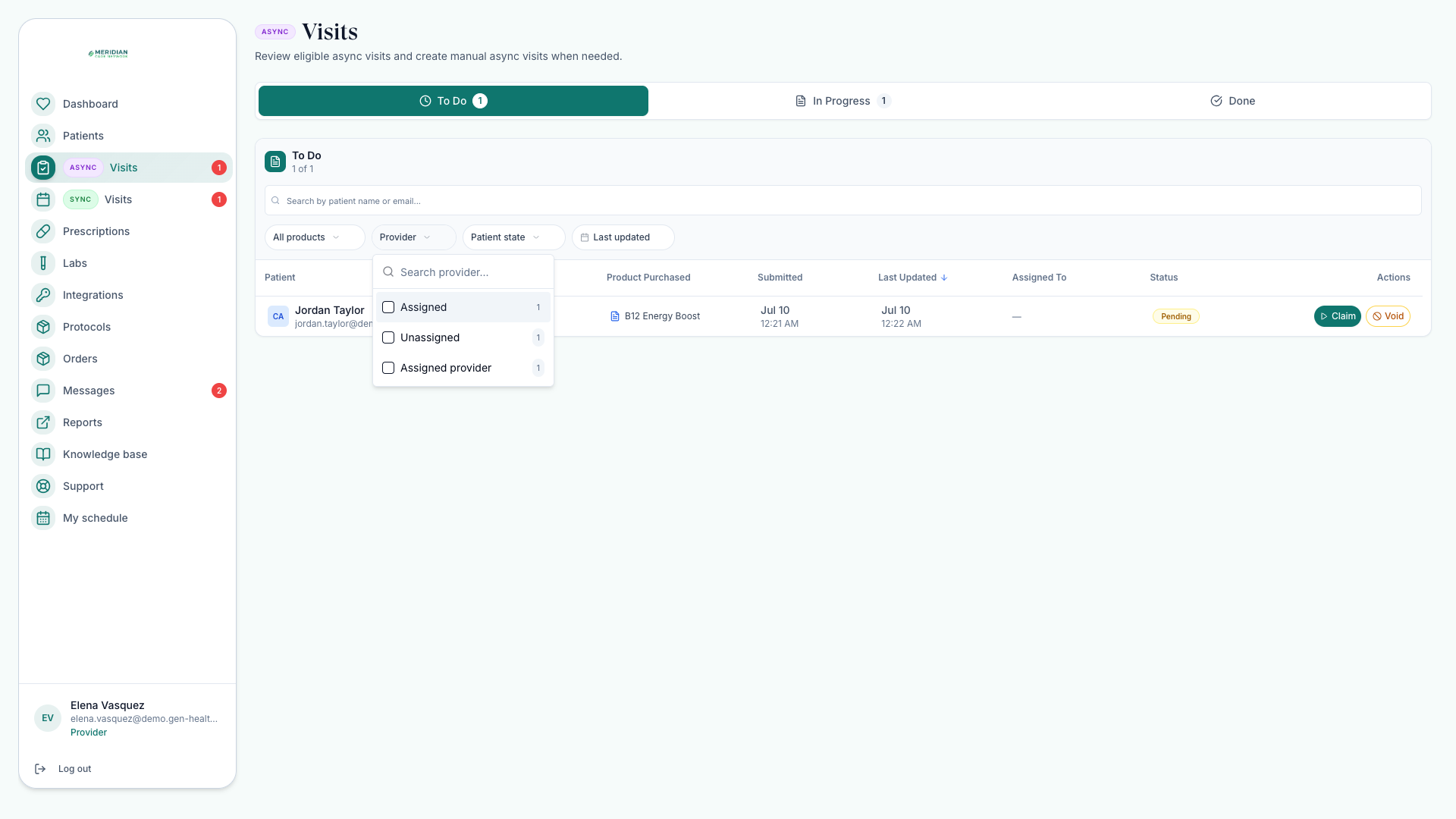 Review queue with the provider filter open showing Assigned, Unassigned, and Assigned provider options