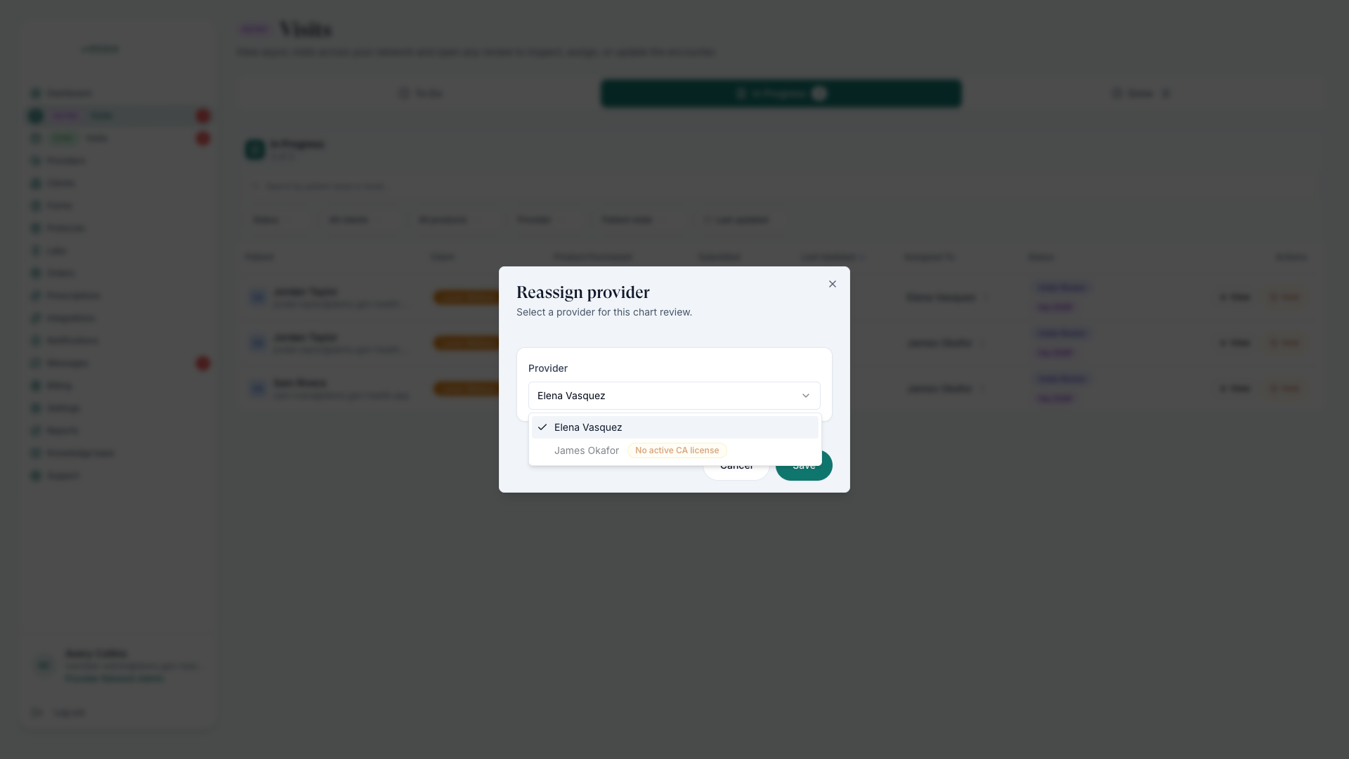 Reassign provider picker showing one eligible provider and one blocked by patient license state