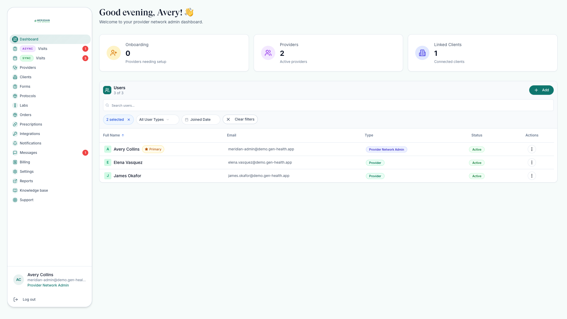 Network users table listing team members with their roles: Provider Network Admin and Providers