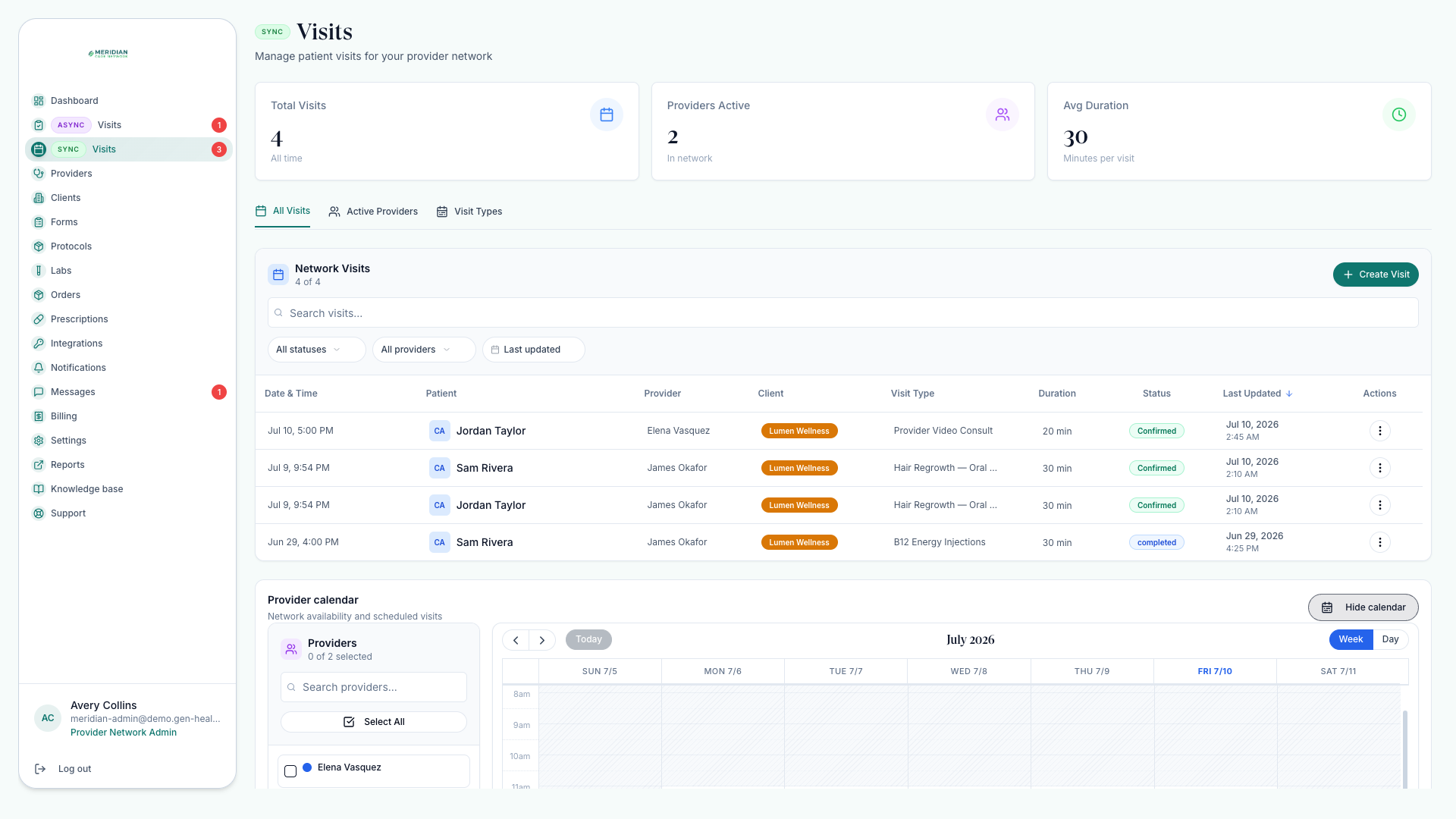 Sync Visits network management with scheduled visits, provider filters, and the weekly provider calendar