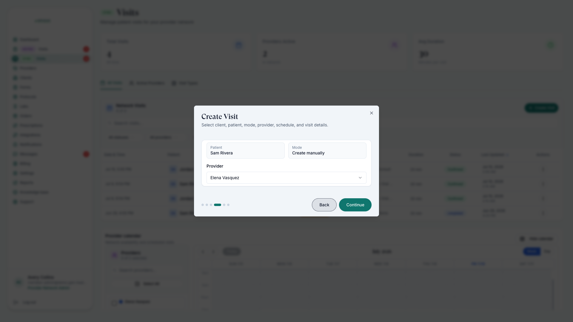 Create Visit dialog with the selected patient, scheduling mode, and provider