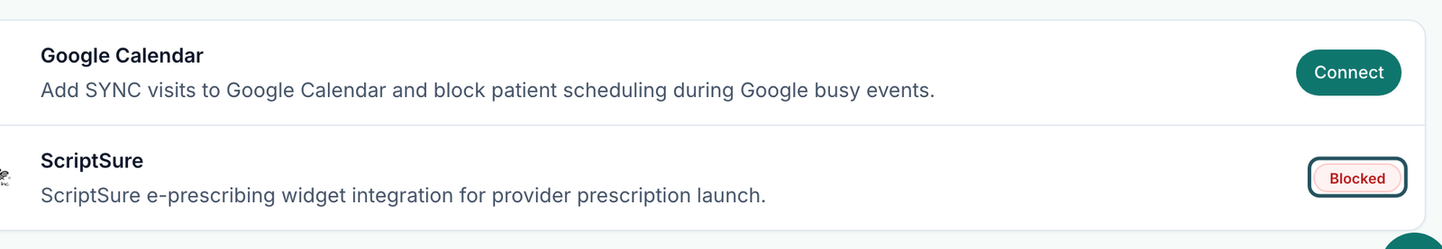 A provider's Integrations page: Google Calendar with Connect, and the ScriptSure row showing a Blocked badge