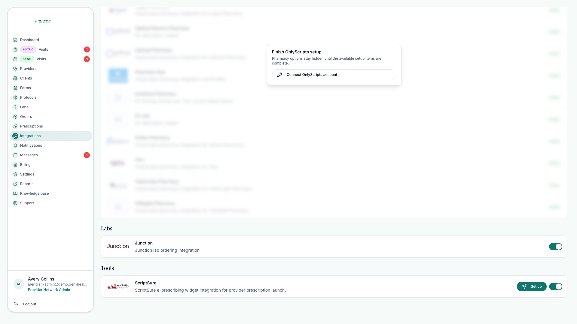 ScriptSure e-prescribing integration on the Integrations page with the Set up action