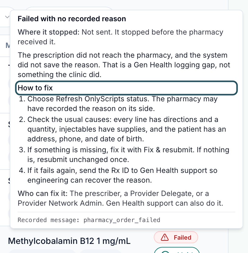 Hover card on a Failed prescription showing where it stopped, How to fix and Who can fix it