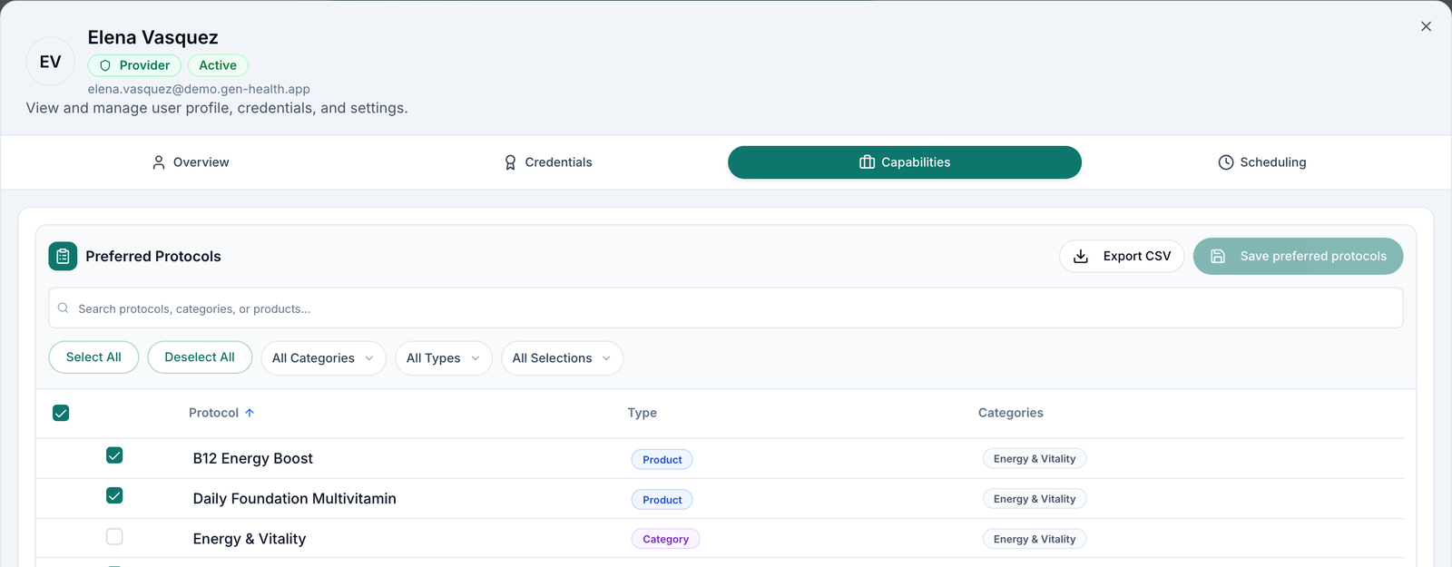 Capabilities tab with the Preferred Protocols table, every protocol ticked, and Save preferred protocols