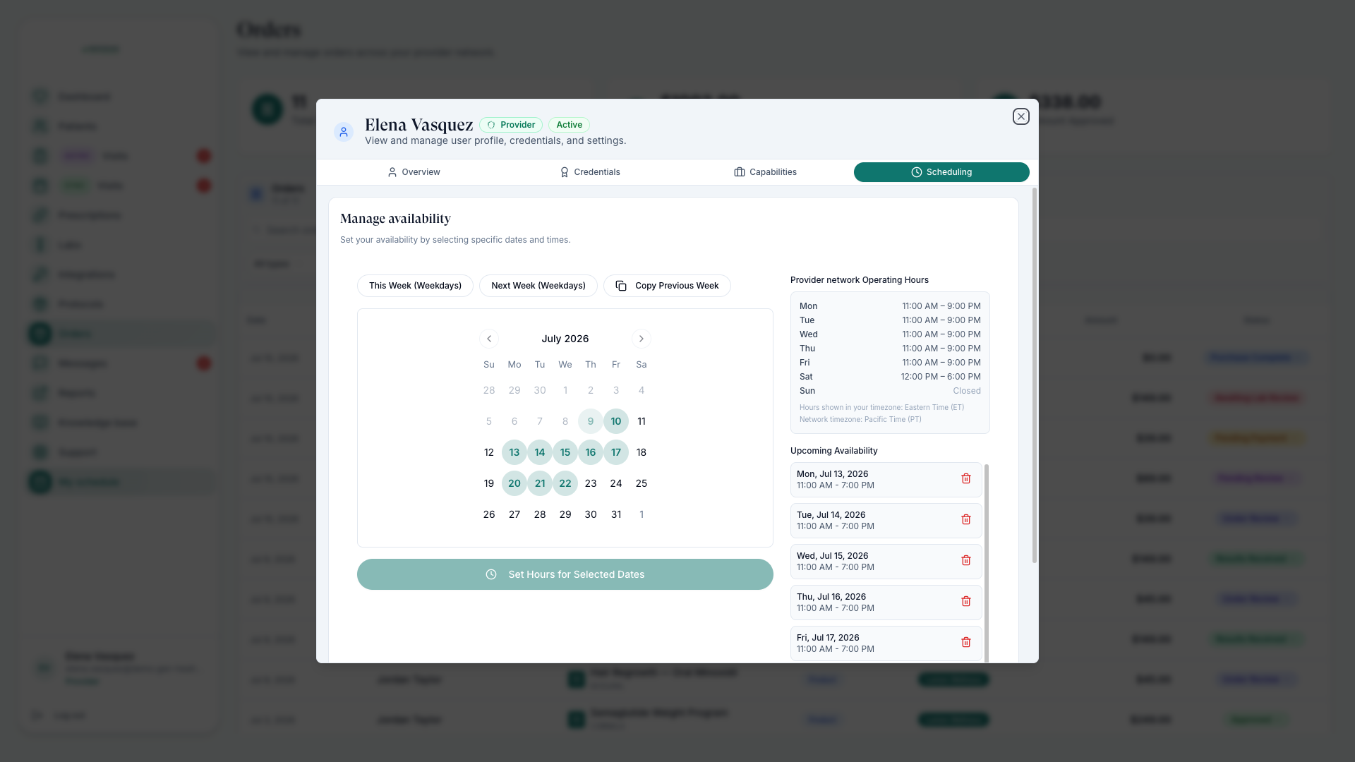Provider availability editor with the date picker, operating hours, and upcoming availability slots
