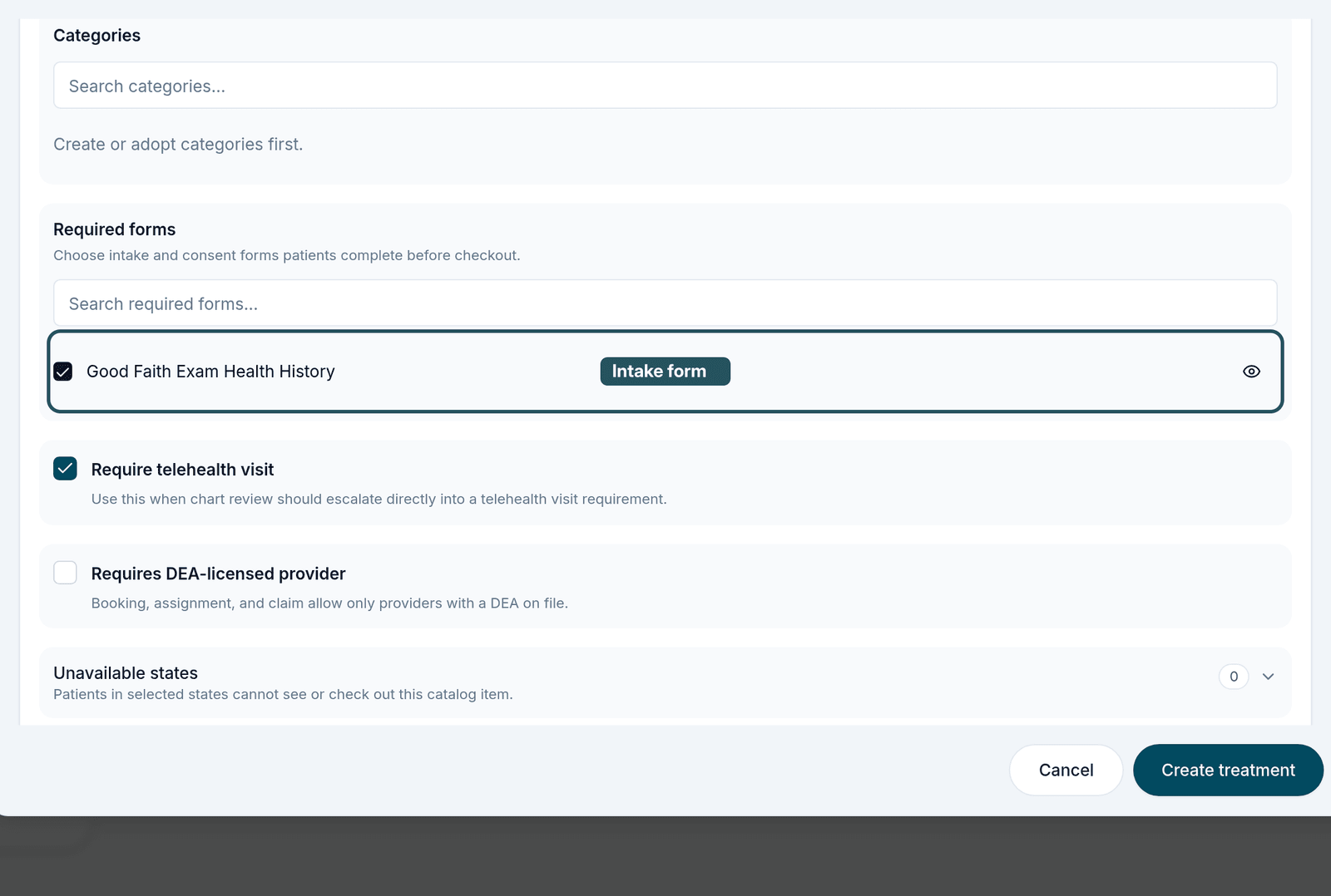 The Required forms section of Create treatment with Good Faith Exam Health History ticked.