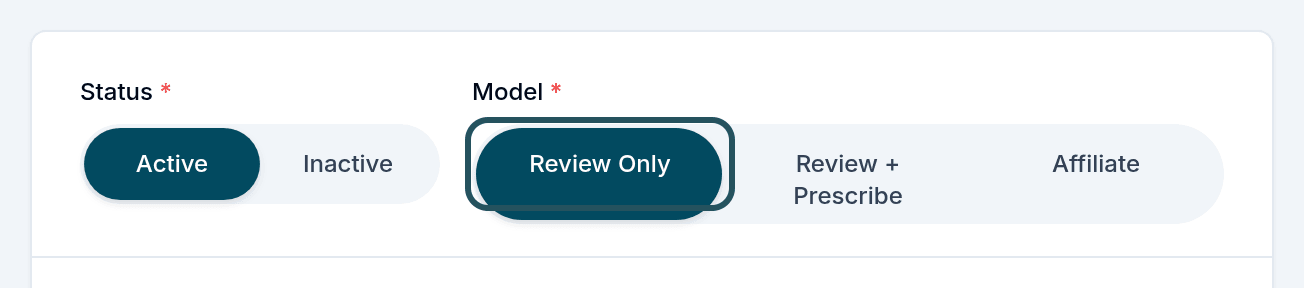 The Model choice in Create client with Review Only selected, next to Review + Prescribe and Affiliate.